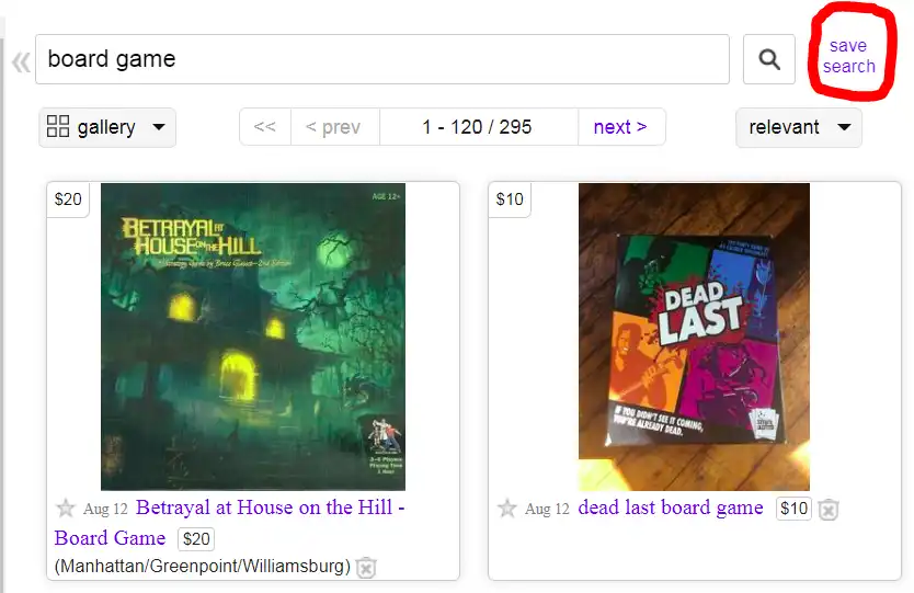 Saving a search on Craigslist to enable classified alerts for board games