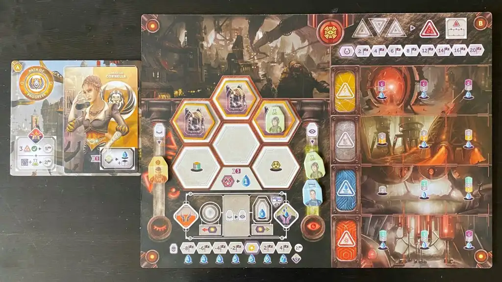 Path of Progress player board with one powered-up exosuit worker